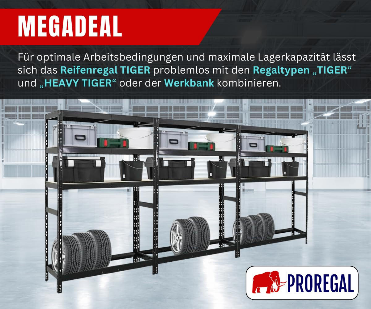 REIFENREGAL Tiger 180x120x40 cm bis zu 6 Reifen auf 1 Ebene + 3 Ablagen Schwarz - Schwarz, Metall (120/180/40cm) - PROREGAL
