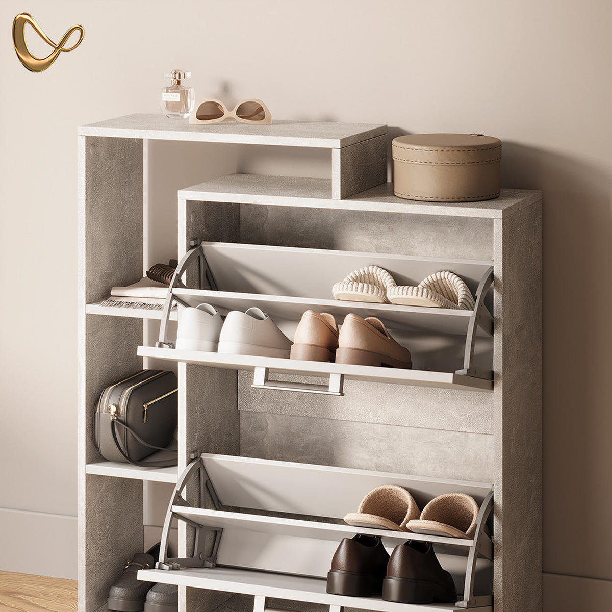 SCHUHKIPPER Ortello Weiß/Beton 24.5 x 90 cm - Weiß/Grau, Holzwerkstoff (24.5/90/80cm) - Livinity®