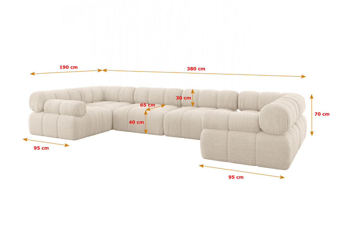 WOHNLANDSCHAFT modulares Sofa Birno-U2 - 380x190x70 cm Beige Cord - Beige, Holzwerkstoff/Textil (380/70/190cm) - ALTDECOR