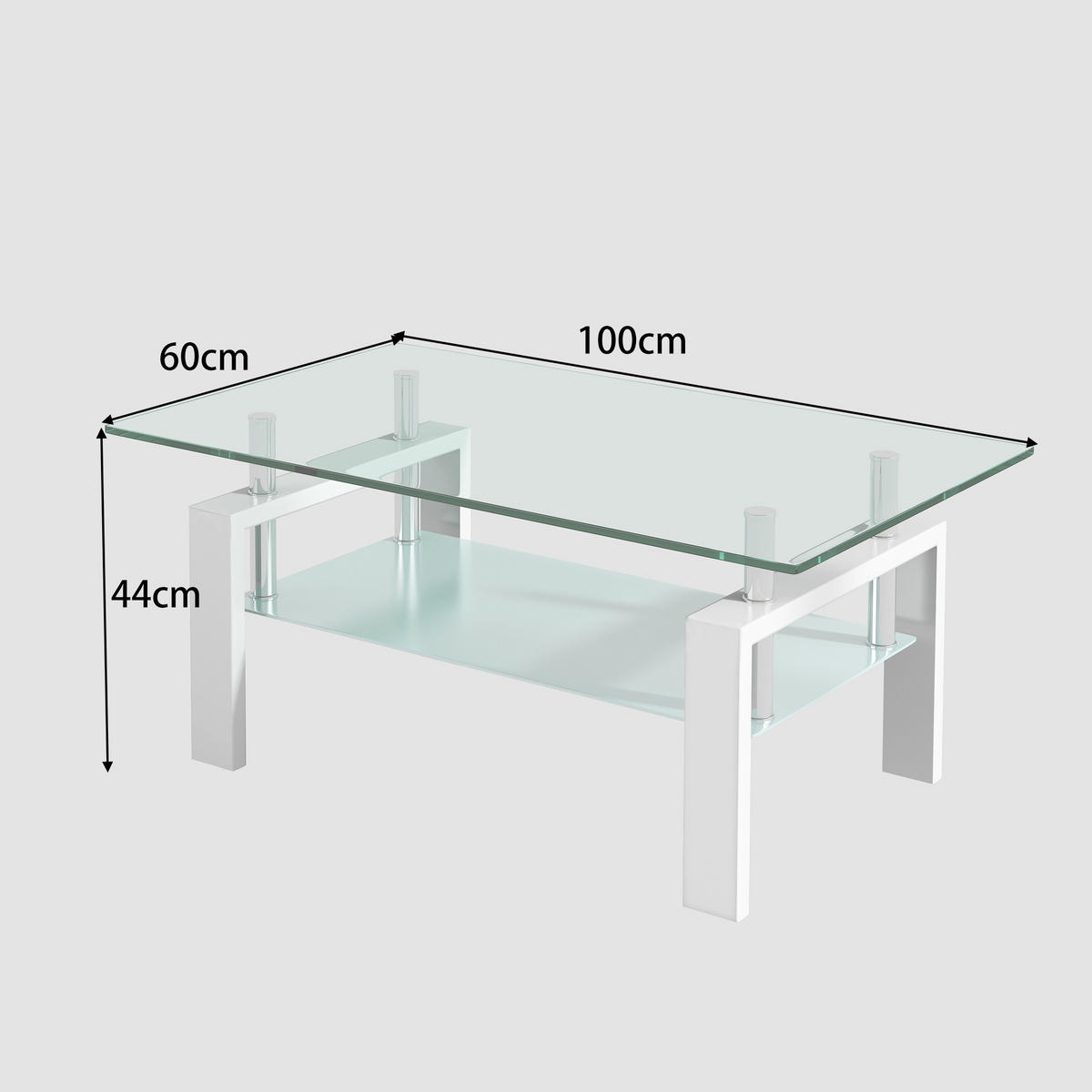 COUCHTISCH DE-37396 rechteckig mit zweistufigem Glas Weiß - Weiß, Metall (100/60/44cm) - ComfortXL