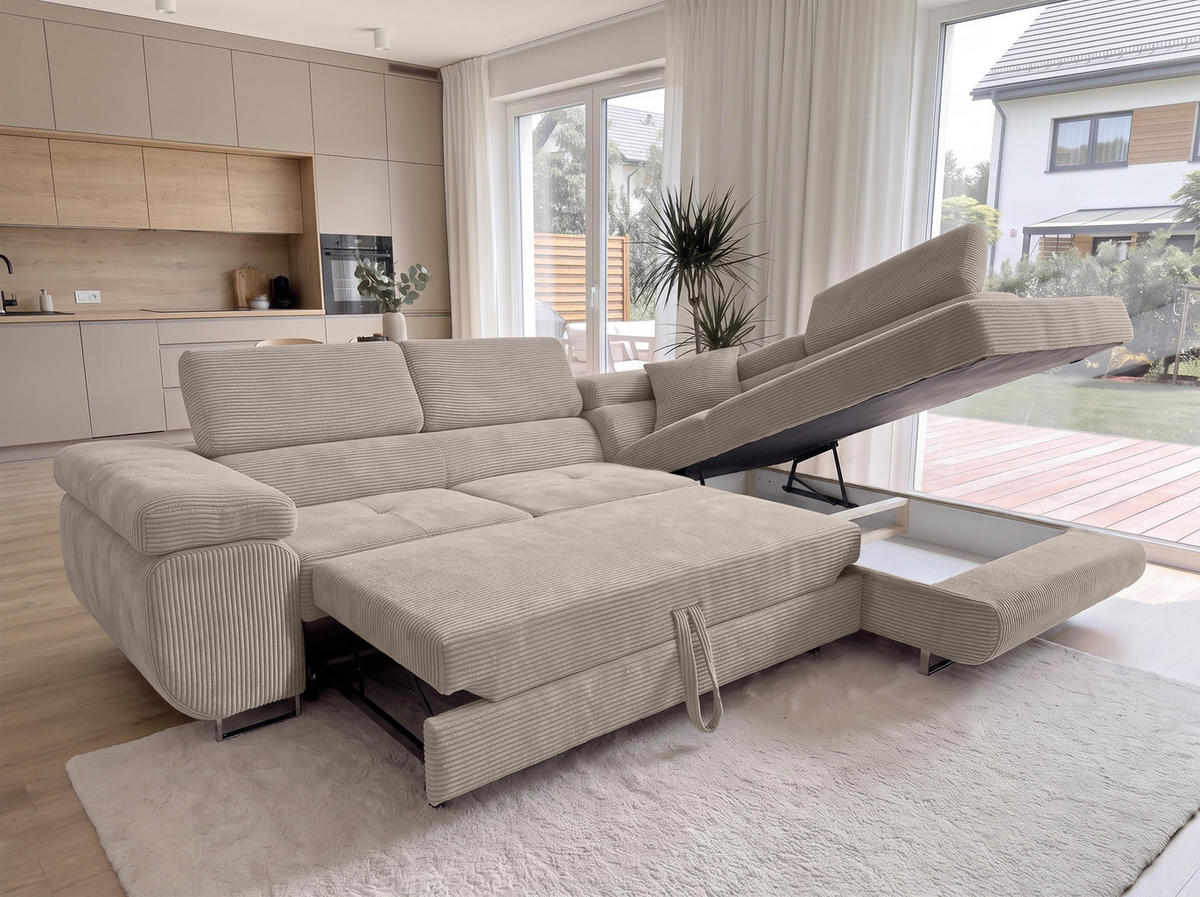 ECKSOFA L Form Konak Beige 276/201/90 cm Rechts mit Schlaffunktion - Beige/Silberfarben, Textil/Metall (276/203cm) - AX Living