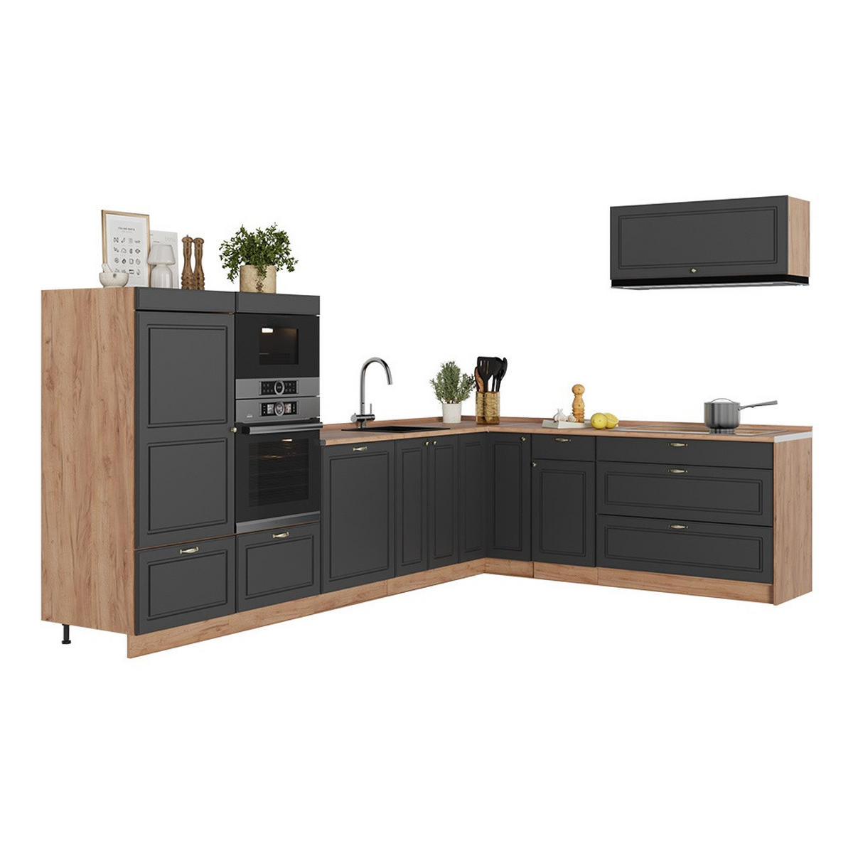 HÖRNKÖK Fame-Line, Herrgård i antracitguld/Goldkraft ek, 327 x 227 cm AP Marble - Honungsek/Antracit, Träbaserade material (327/153.6/60cm) - Vicco