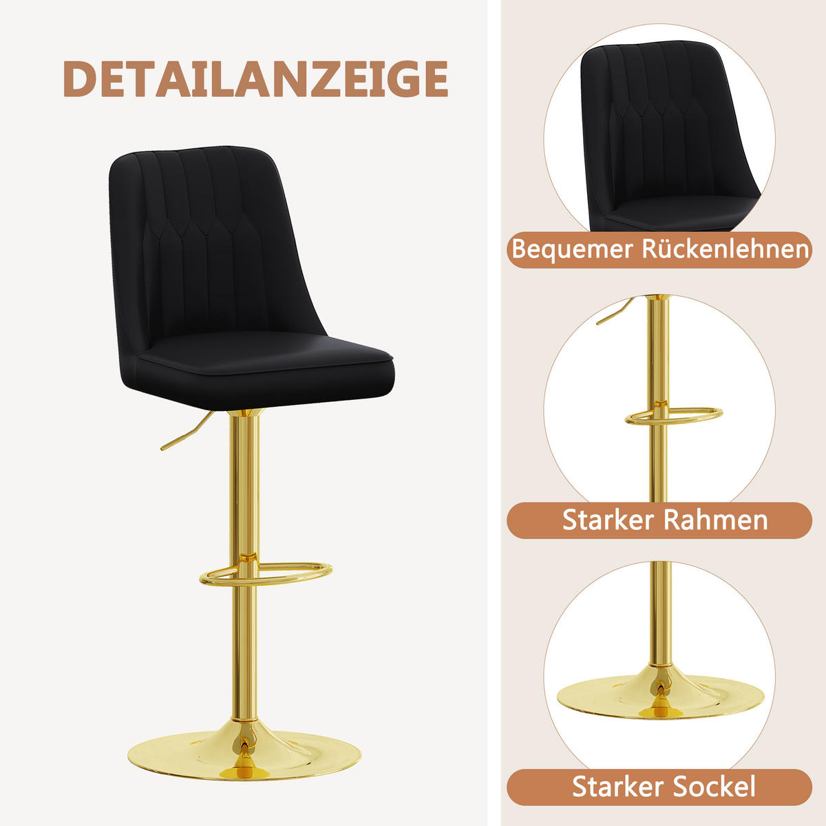 BARHOCKER 2er-Set Schwarz & Gold Höhenverstellbar 360° Drehbar mit Rückenlehne - Schwarz, Metall (44/95.5/44cm) - PANGIVO