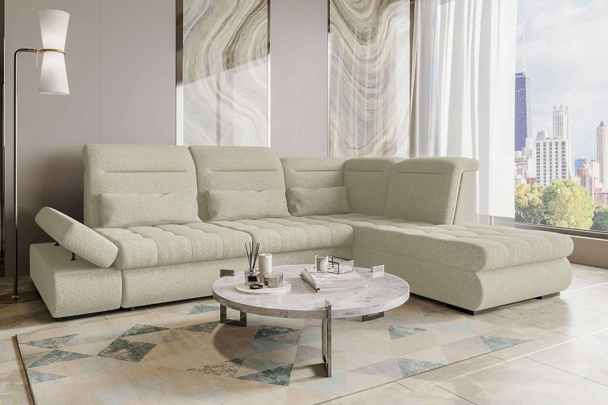 ECKSOFA Toscana Strukturstoff inkl. Schlaffunktion - Hellgrau, Textil (279/227cm) - 99rooms