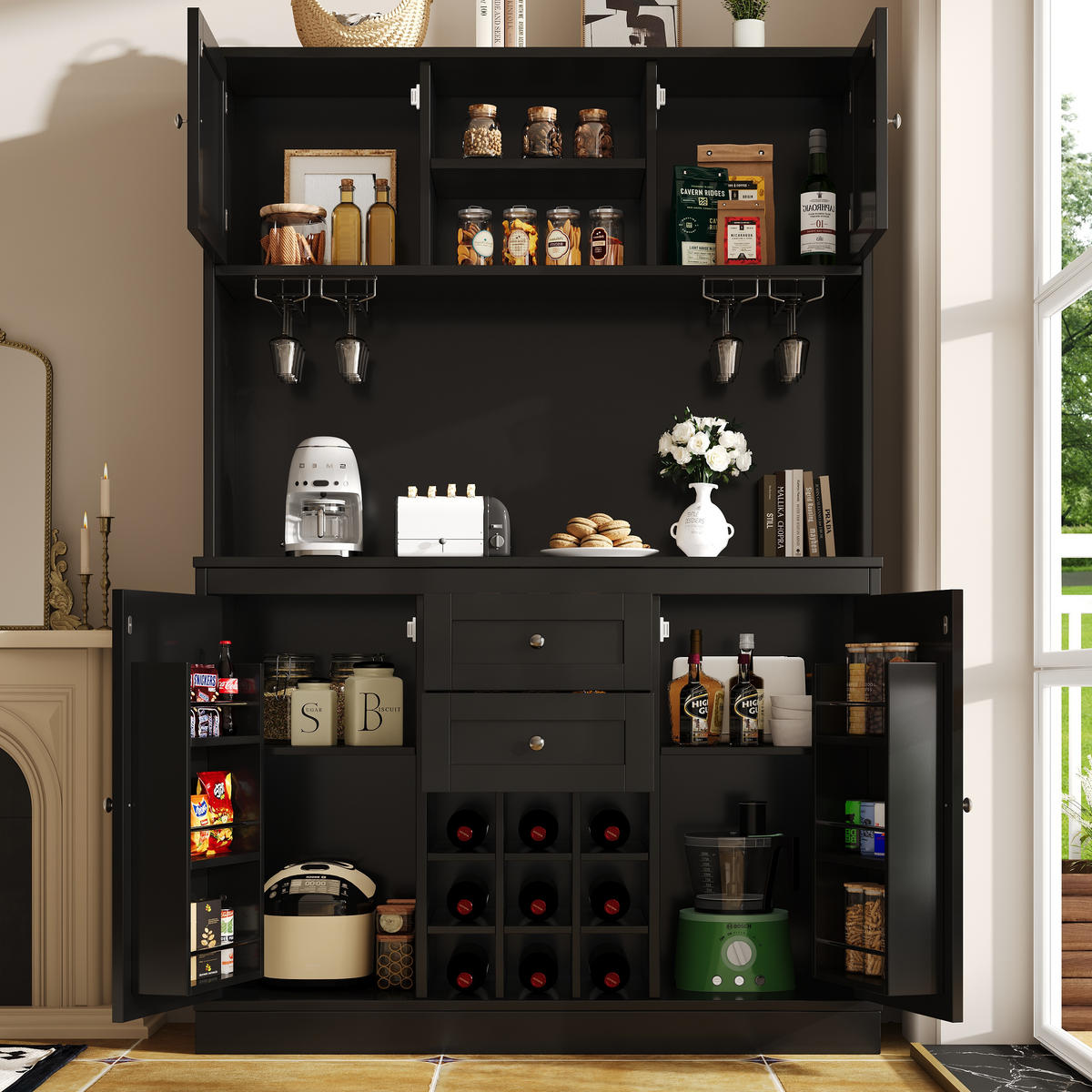 GESCHIRRSCHRANK aus MDF 120x40x188cm in Schwarz mit Weinregal - Schwarz, Holzwerkstoff (120/188/40cm) - Modfu