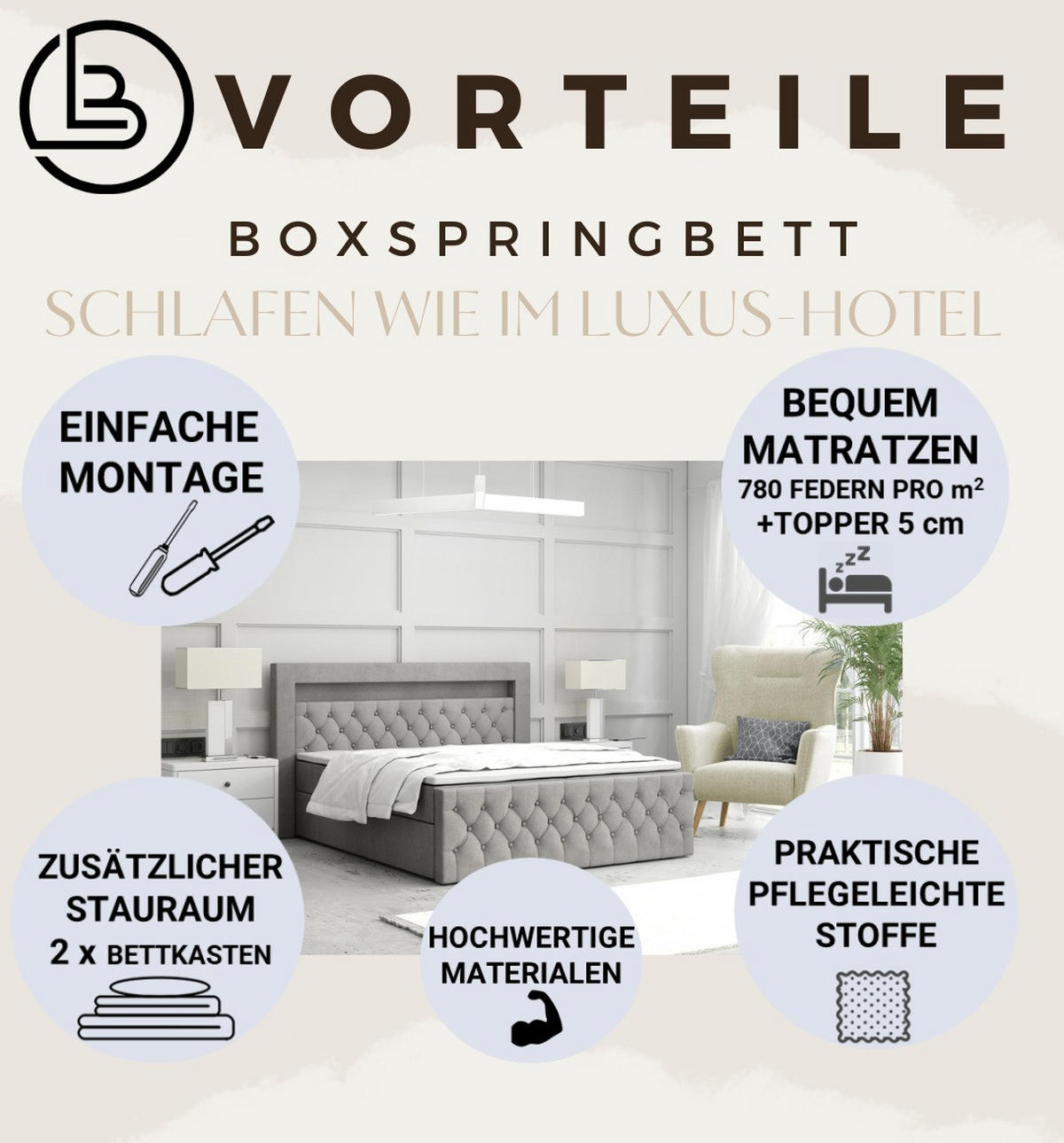 BOXBETT Labett CLEO 160/220 Beige Velvet-Cord – H3 - Beige, Holz (160/220cm) - Labett