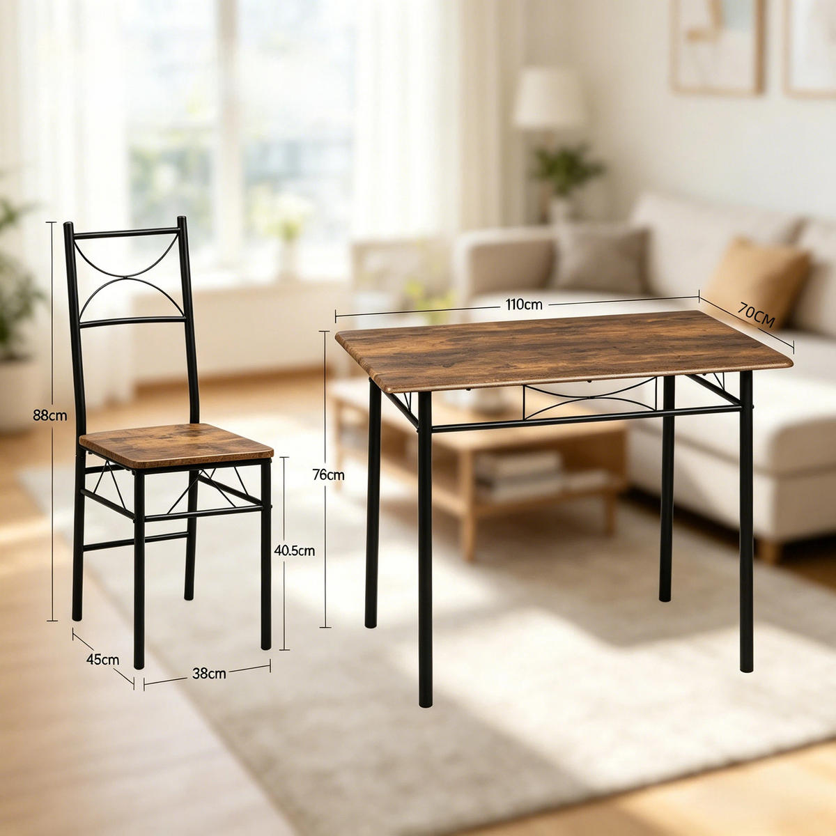 ESSGRUPPE DE-39311 110/70 cm Tisch mit 4 Stühlen Schwarz - Schwarz, Metall (110/76/70cm) - ComfortXL