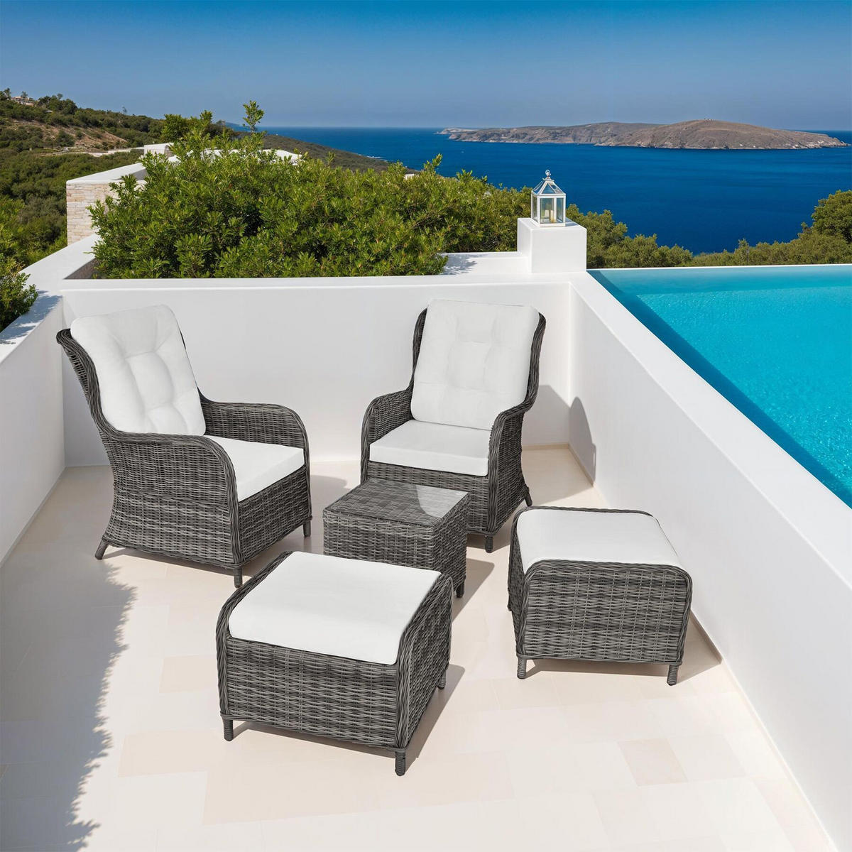 ALUMINIUM RATTAN SITZGRUPPE Benissa, mit Sicherheitsglasplatte, grau - Weiß/Grau, Kunststoff - tectake