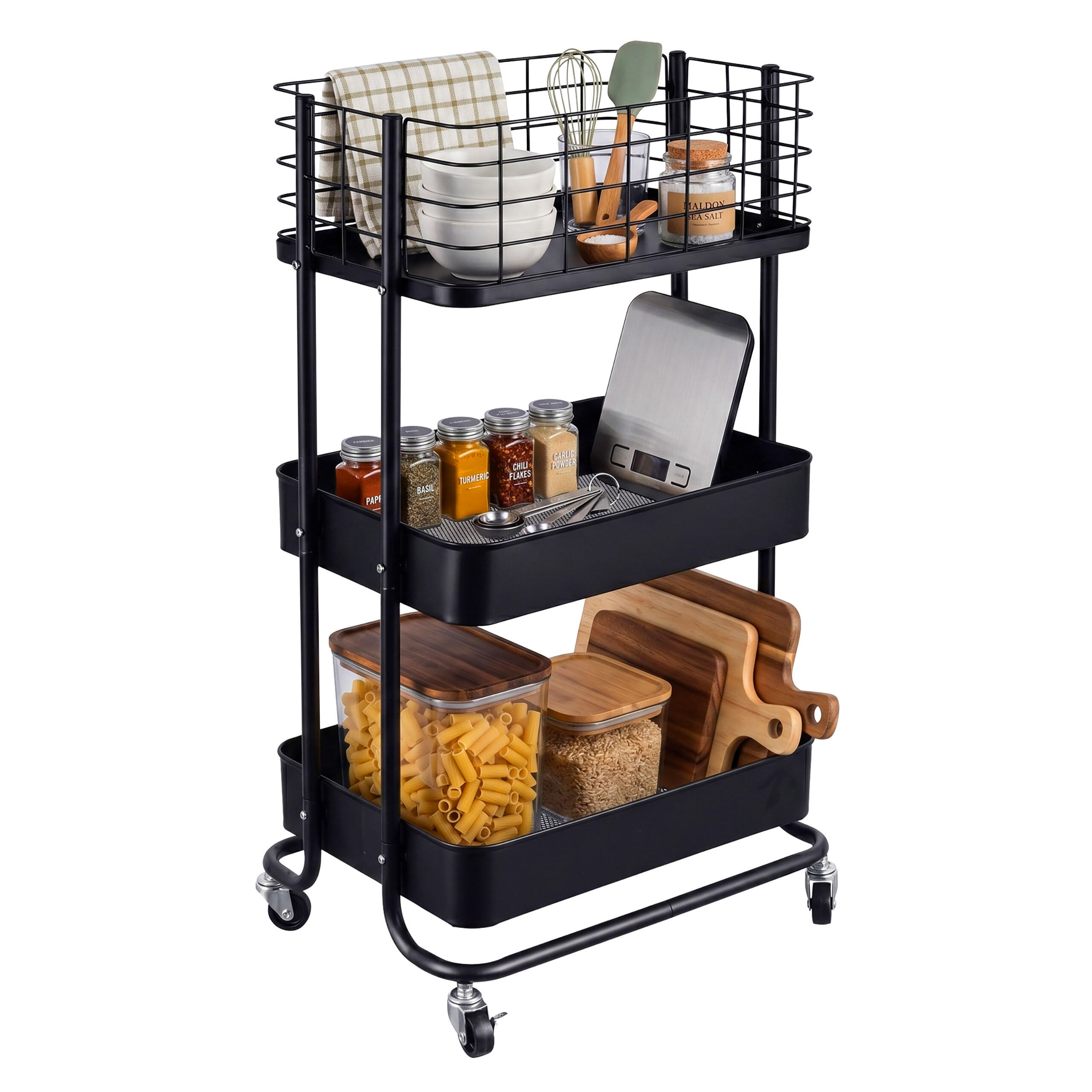 ROLLWAGEN Schwarz 3 Etagen Metall - Schwarz, Kunststoff/Metall (45/77/34cm) - Relaxdays