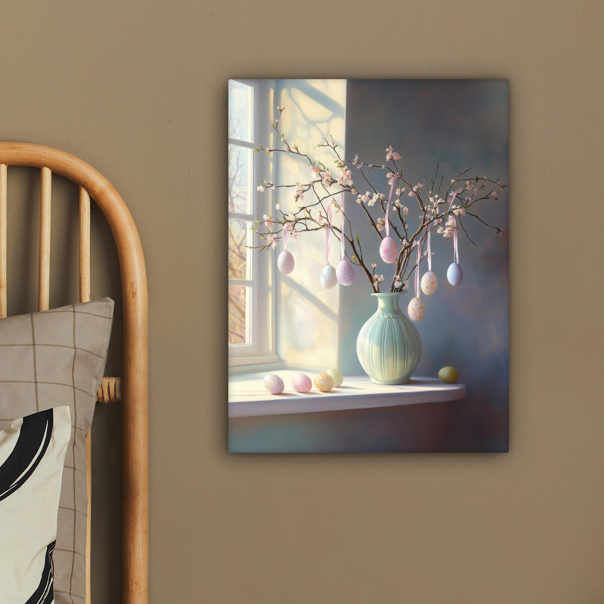 LEINWANDBILD Stillleben - Vase - Osterzweig Room Decor 30x40 cm - Hellblau, Textil (30/40cm) - MuchoWow