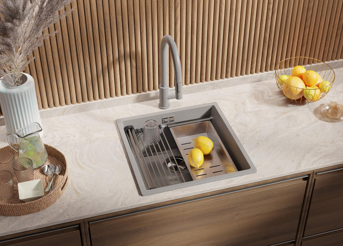 GRANITSPÜLE Praga Slim, 2-er set Grau 46/47 cm 1 Becken + Küchenarmatur 40/20 cm + Ablauf-Set + Aufrollbare Abtropffläche ab 50er Unterschrank - Chromfarben/Grau, Kunststoff (46/20/47cm) - Primagran