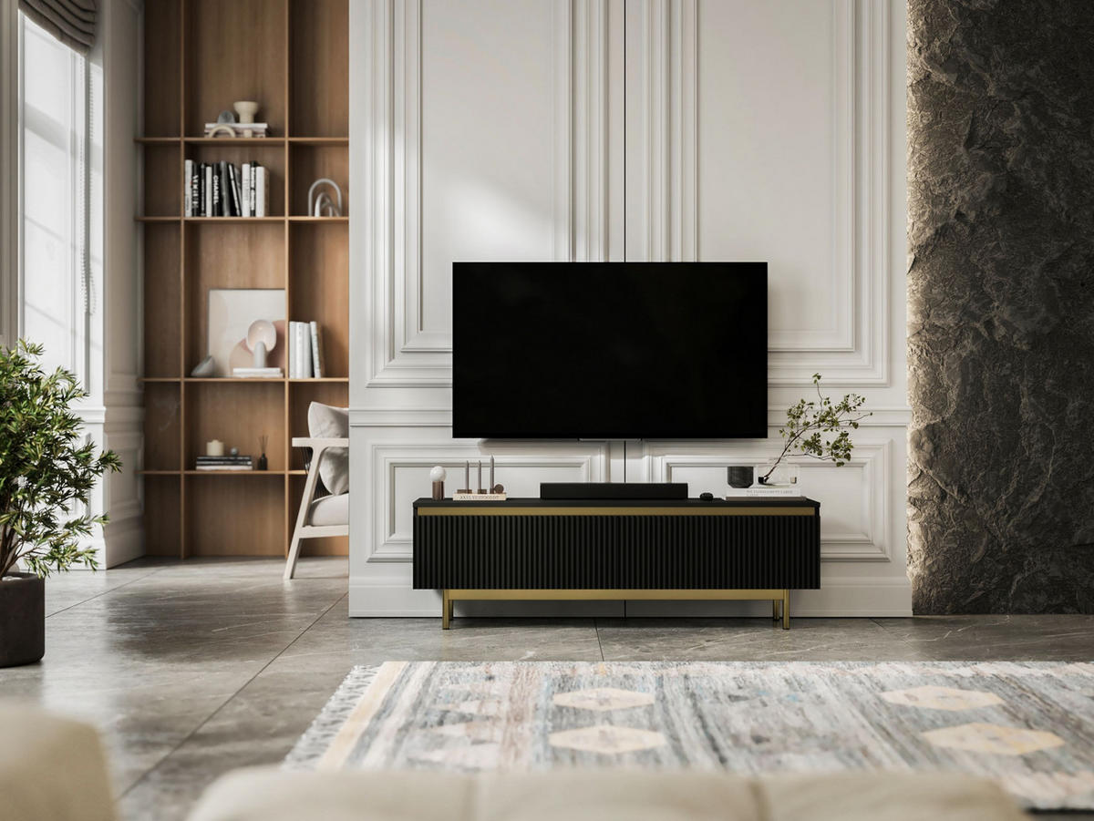 TV-SCHRANK Selene Schwarz Matt 140 cm mit Metallrahmen Glamour - Goldfarben/Schwarz, Holzwerkstoff (140/44/35cm) - Meble Lindner