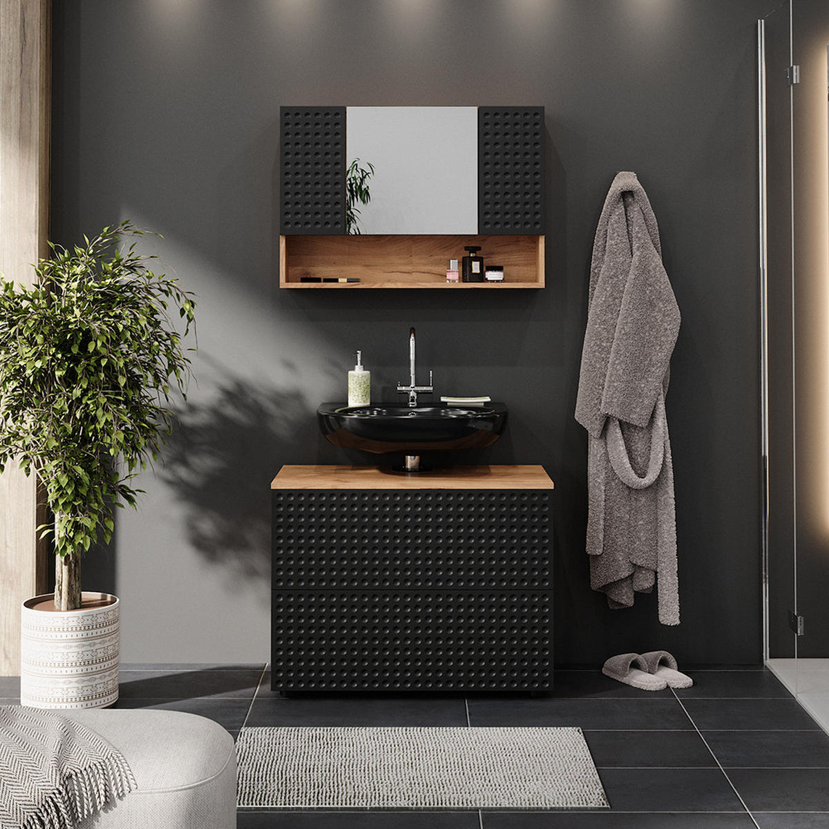 BADMÖBEL-SET Irma Anthrazit gepunktet 2 Teile, Unterschrank 80 cm - Honigeiche/Anthrazit, Holzwerkstoff (80/58.6/41cm) - Vicco