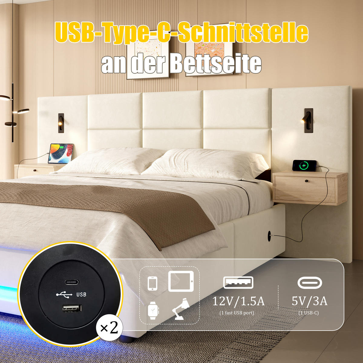 POLSTERBETT 180/200 cm Beige mit 2 Stauschubladen, LED-Nachtlicht und USB-C-Anschlüssen - Beige, Textil (180/200cm) - Oxeza