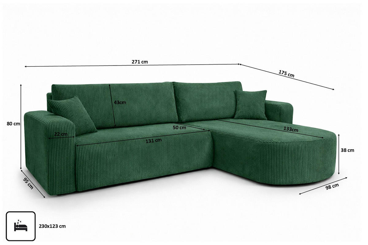 ECKSOFA Mit Schlaffunktion, Cordstoff Poso, Grün, Rechts, ROUND ONE XL - Grün, Holz (271/175cm) - Kaiser Möbel