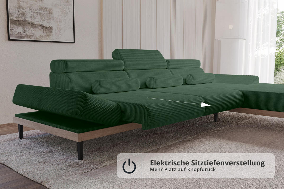 ELEKTRISCHES ECKSOFA Rechts MONA 316x205x85 Grün Cord - Salbeigrün/Grün, Holzwerkstoff/Textil (316/205cm) - ALTDECOR