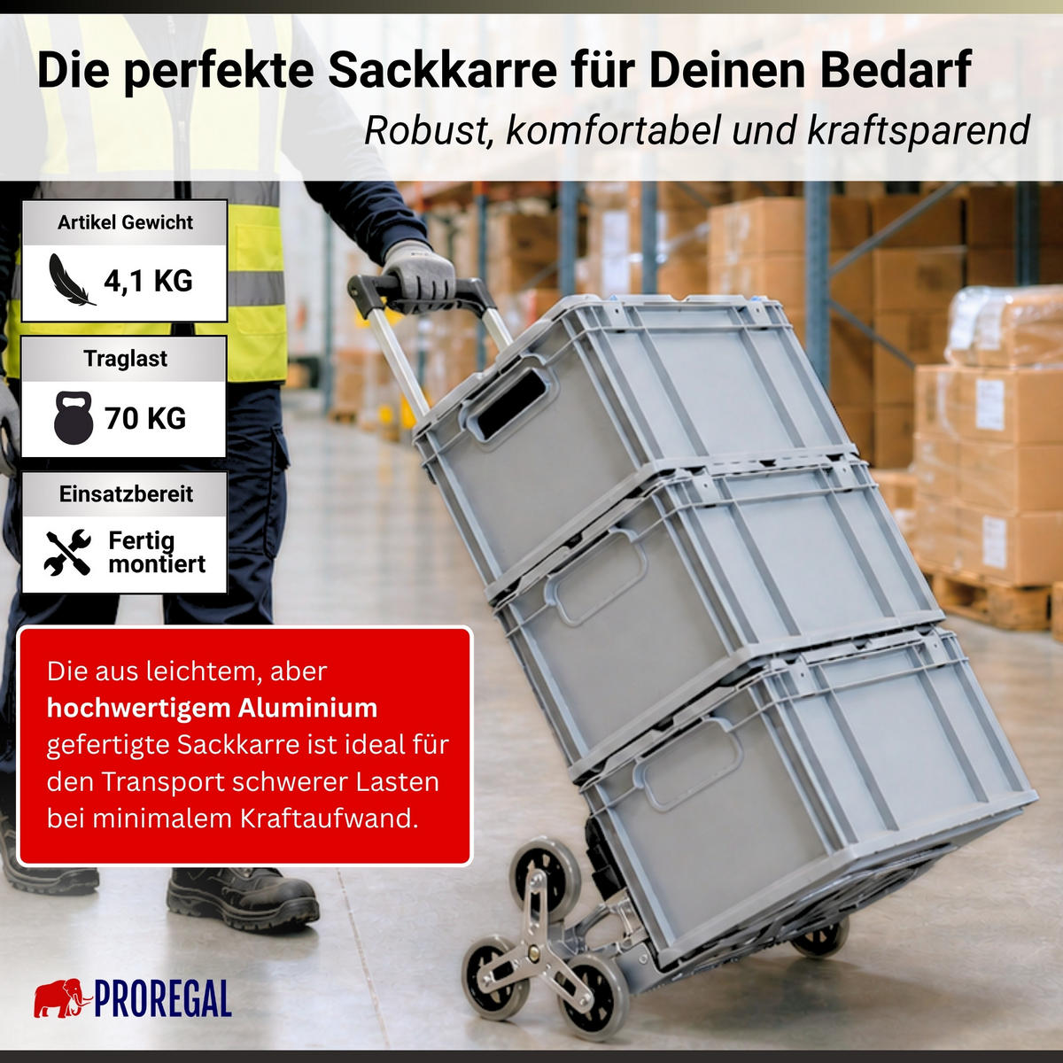 TREPPENSTEIGER Sackkarre Elephant klappbar 100x39x47cm Traglast 70kg AluminiumrahmenTRR Fachgummiräder Silber - Silberfarben, Metall (47/39/100cm) - PROREGAL