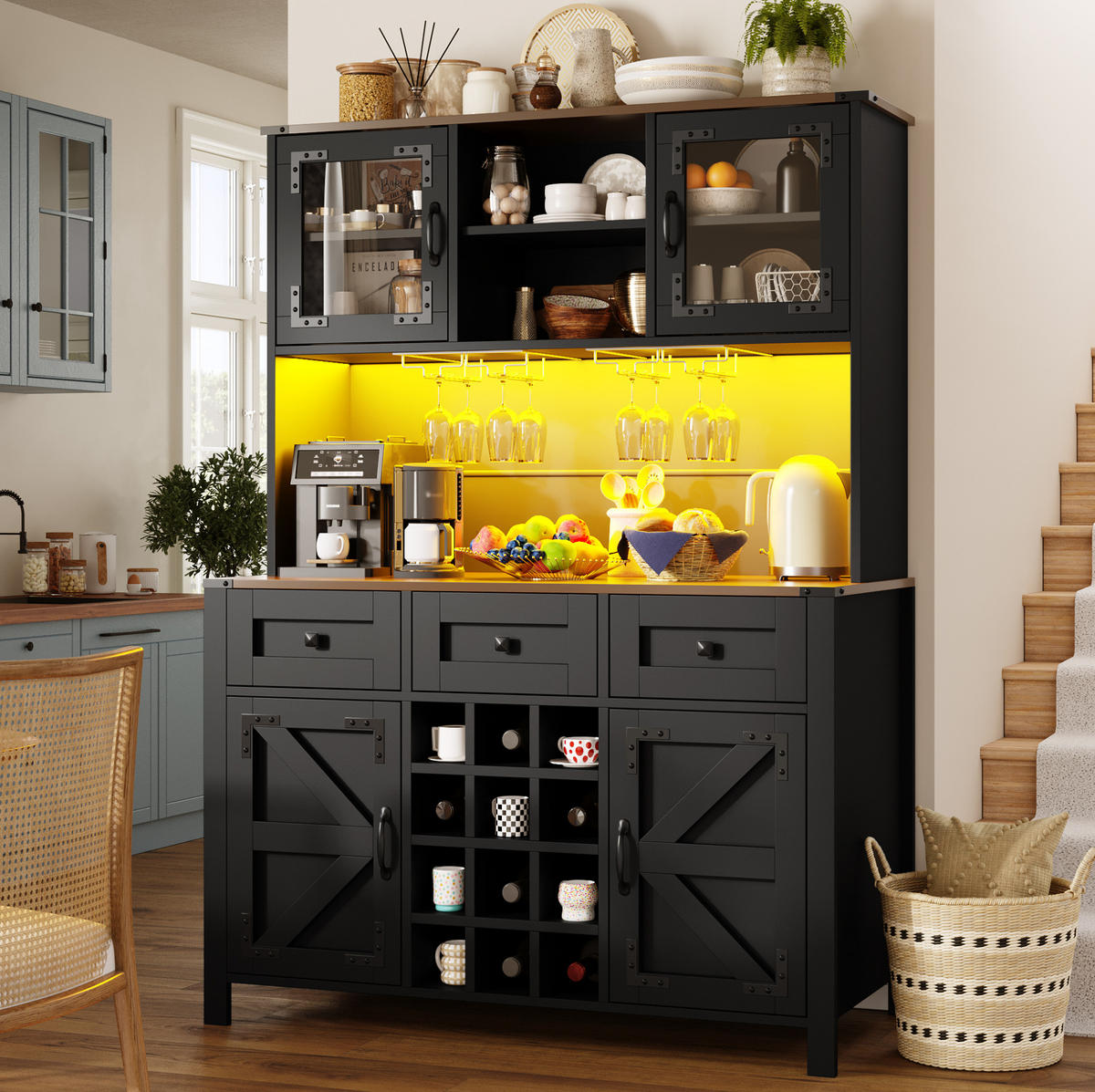 BUFFET 120/40/170 cm schwarz aus MDF und Glas mit LED - Schwarz, Holzwerkstoff (120/170/40cm) - OKWISH