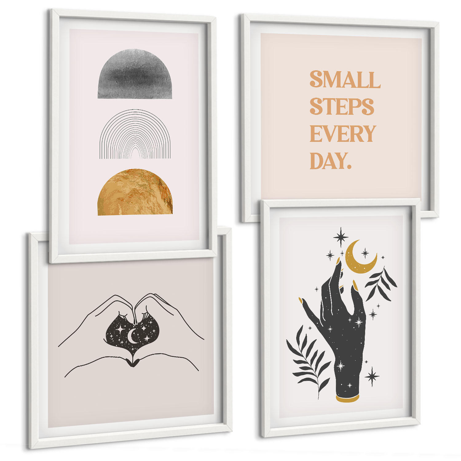BILDER SET 4er Set - 50x50 cm & 40x60 cm Weißer Rahmen - Minimalistische Boho-Illustrationen - Weiß, Kunststoff (50/50cm) - TULUP