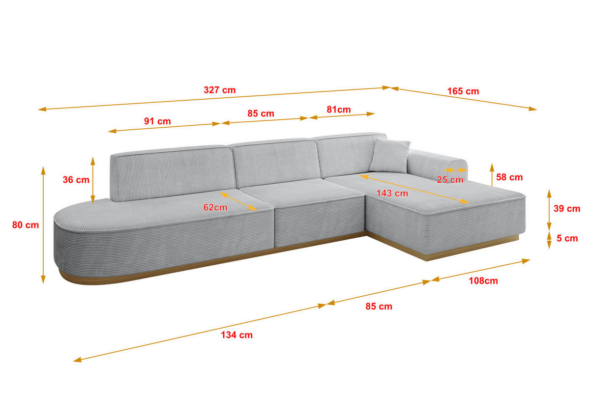 ECKSOFA Ottomane Rechts IREA-L2-v2 - 327x165x80 cm Grau - Grau, Holzwerkstoff/Textil (327/165cm) - ALTDECOR