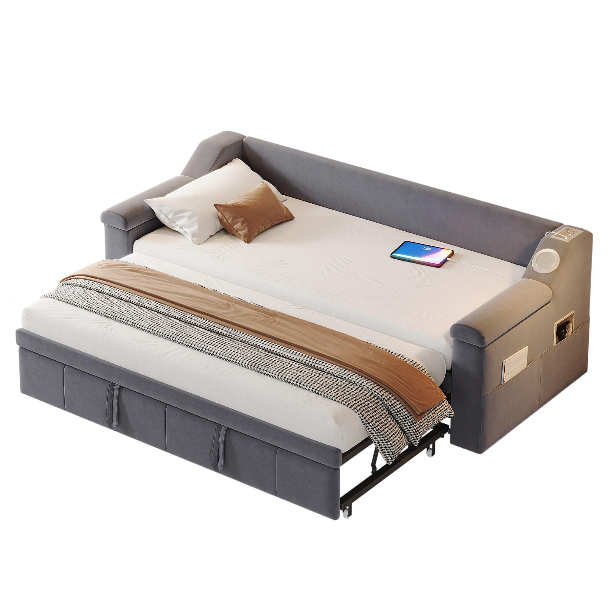 SCHLAFSOFA 90/190-180/190 cm mit hydraulischem Auszug, Bluetooth-Stereo, USB und Ablagefächern, Grau - Grau, Textil (216/69/97cm) - Redom