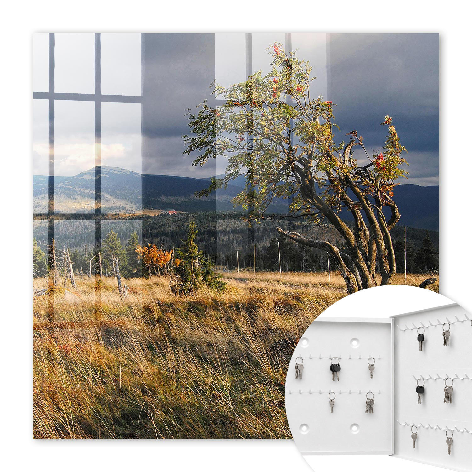 SCHLÜSSELBOX Weiß 30x30 cm – Türöffnung nach rechts - Herbstlandschaft - Grün, Metall (30/30/5cm) - TULUP