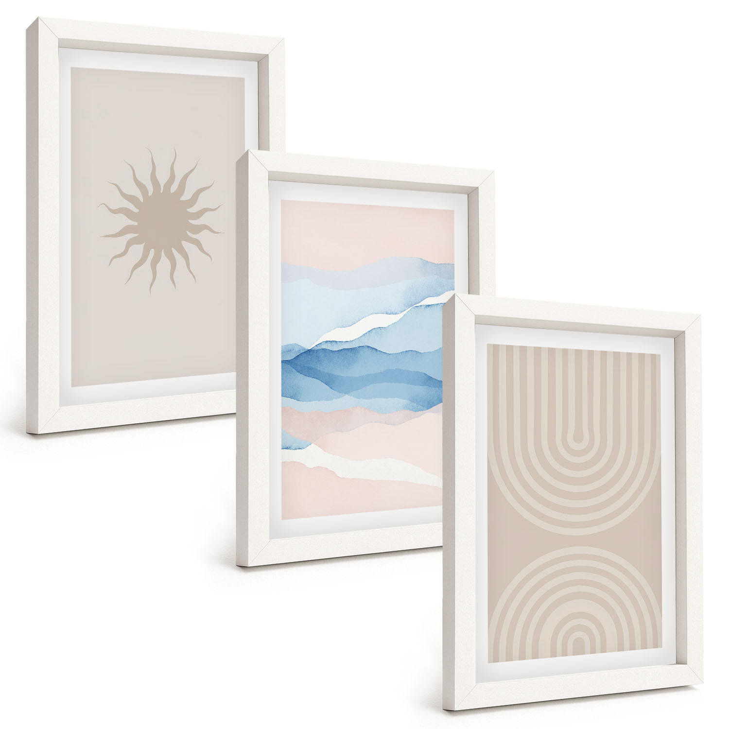 BILDER SET 3er Set - 20x30 cm Weißer Rahmen - Sonnenwellen abstrakte Linien Pastell - Weiß, Kunststoff (20/30cm) - TULUP
