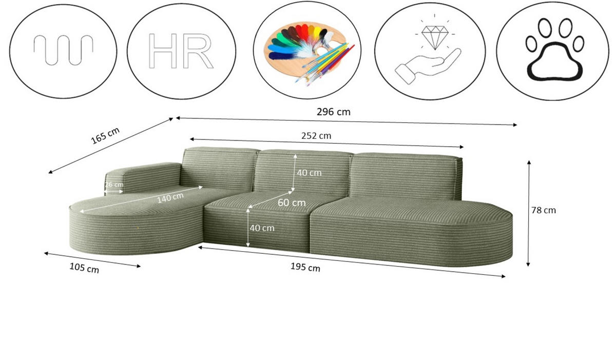 ECKSOFA Designer, Sofa L form MODENA 302 cm stoff Poso Hellgrün Rechts - Hellgrün, Holz (302/296cm) - Kaiser Möbel
