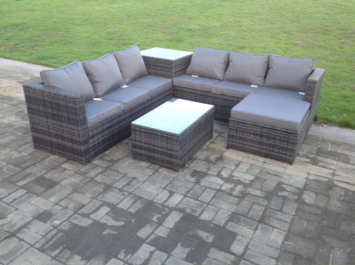 GARTENMÖBELSET mit Couchtisch Polyrattan 7-Sitzer - Dunkelgrau/Grau, Glas/Kunststoff - Fimous