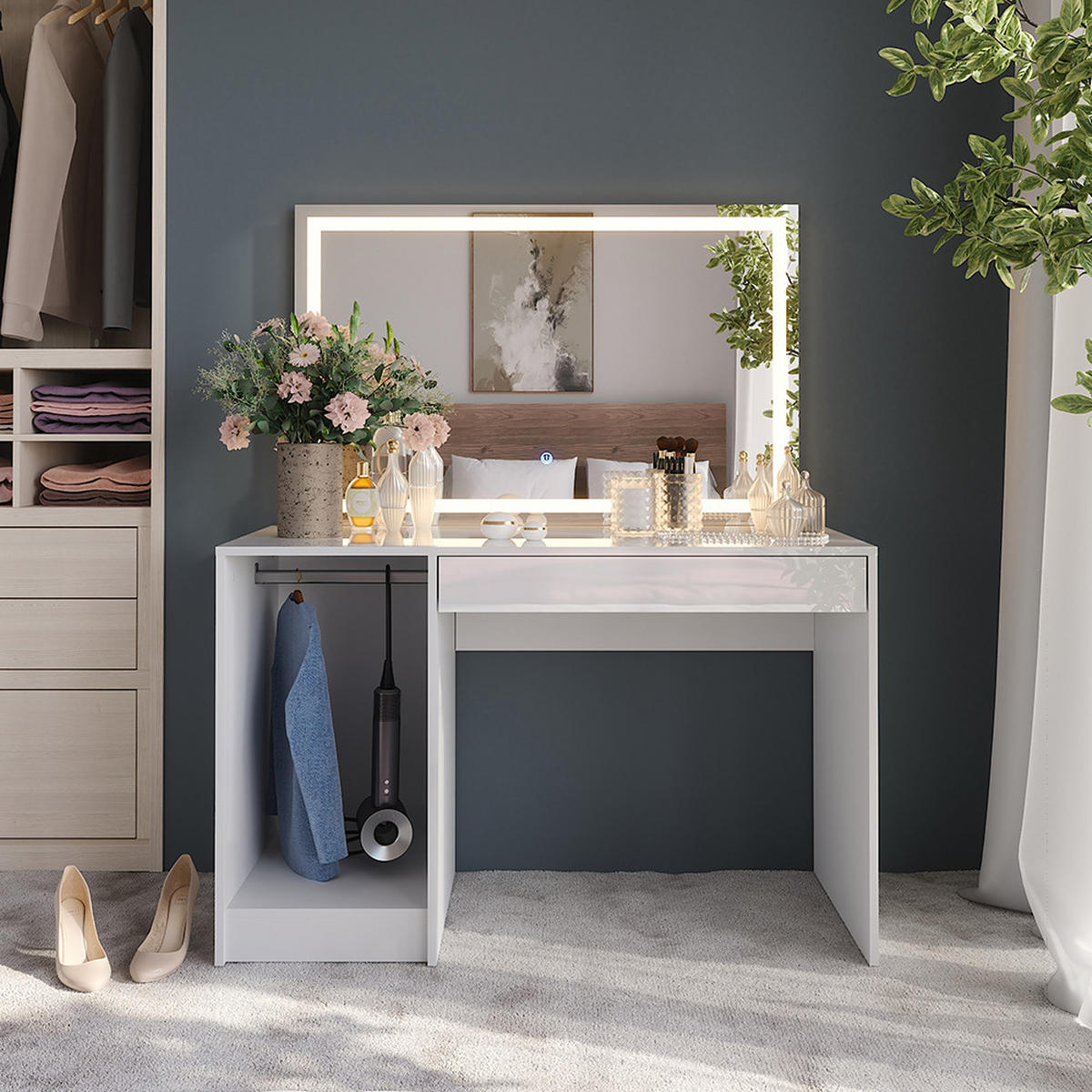 SCHMINKTISCH Sherry Weiß/Weiß Hochglanz 119.8 cm mit LED-Spiegel - Weiß Hochglanz, Holzwerkstoff (119.8/76/50.1cm) - Vicco