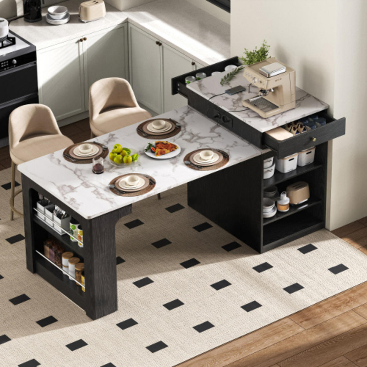 SIDEBOARD mit Riffelglastüren & Steckdosenstation schwarz 80×71-151×92 cm aus MDF und Glas - Schwarz, Holzwerkstoff (80/92/151cm) - Luhomfu