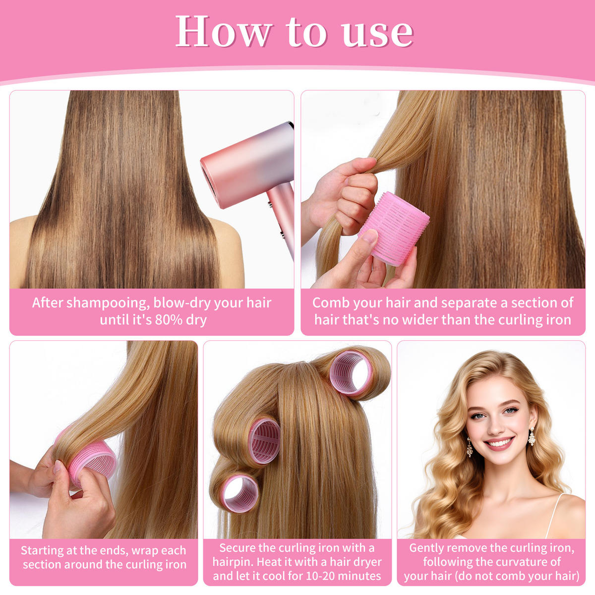 LOCKENWICKLER Set 50 Stück Selbsthaftend mit Clips 4 Größen Haarroller - Rosa, Kunststoff (5.5/6.3/5.5cm)