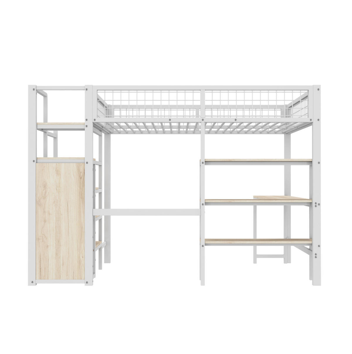 HOCHBETT aus Metall und MDF 140x200 cm Weiß mit Schreibtisch, Regalen und Kleiderschrank - Weiß, Metall (90/200cm) - Modfu