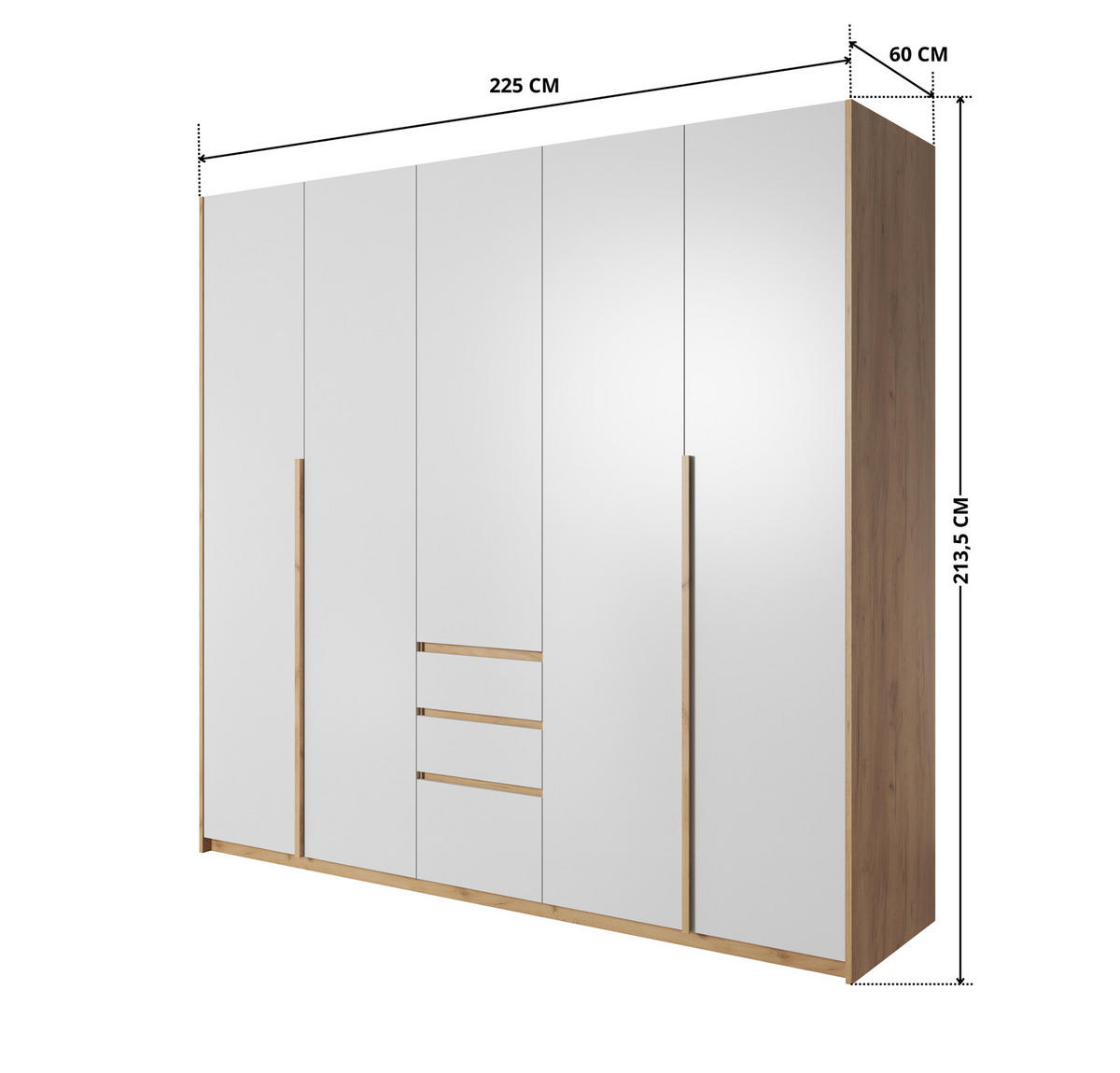 KLEIDERSCHRANK CORSA 225 cm Eiche Craft Gold / Weiß - Falttüren & 3 Schubladen - Eichefarben/Weiß, Holz/Holzwerkstoff (225/213/60cm) - Ravio