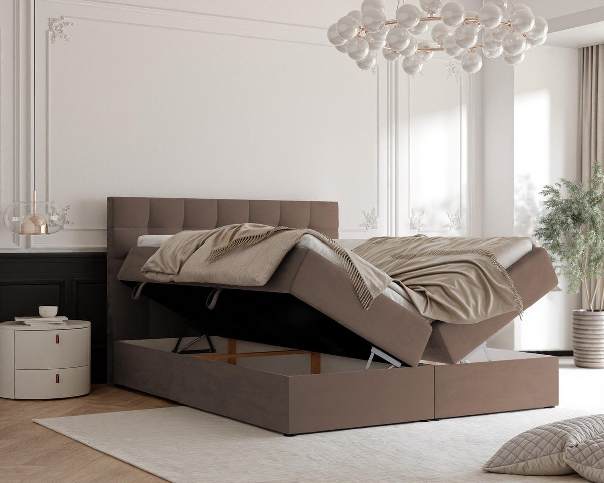 BOXBETT GRAND 180/200 cm, in Hellbraun, mit Matratze und Topper - Hellbraun, Holzwerkstoff/Textil (180/200cm) - Idohome