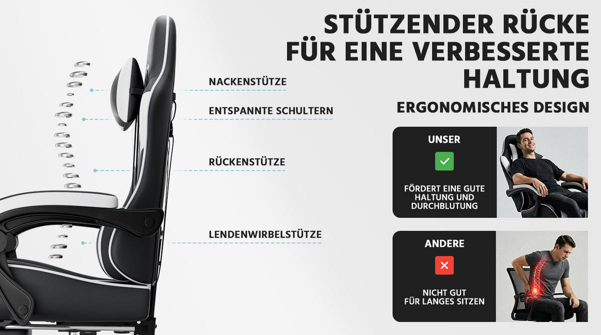 GAMINGSTUHL ergonomisch verstellbar PVC Black White - Weiß, Kunststoff (63/120.5/58.5cm) - Meubliv
