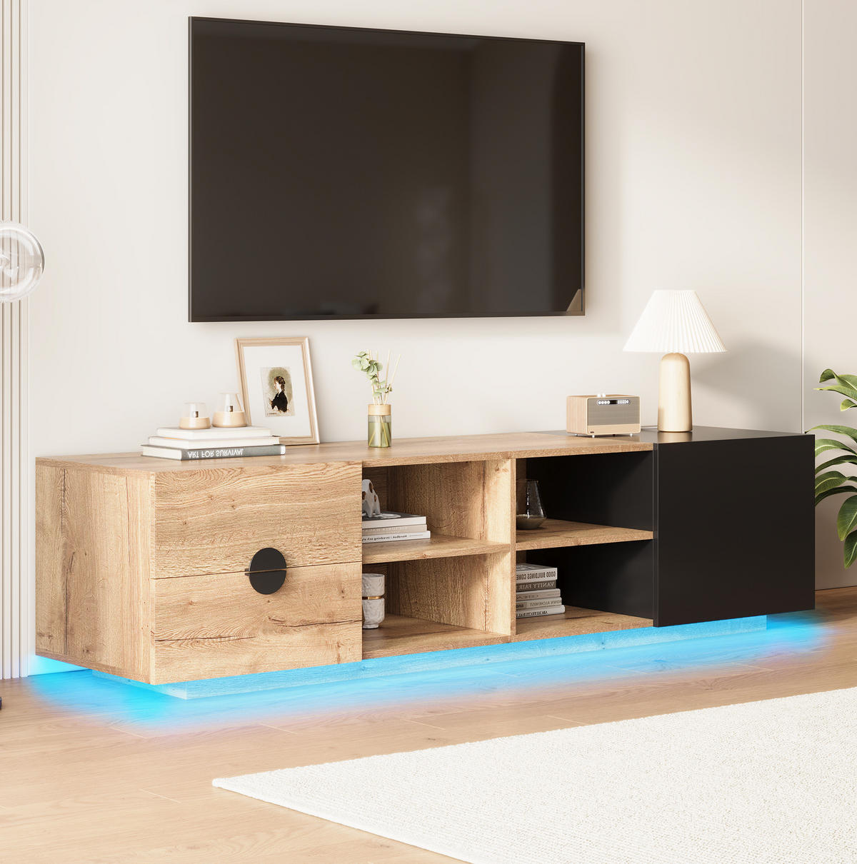 FERNSEHSCHRANK aus Holzwerkstoff 180x38,5x47 cm Schwarz/Naturholz mit LED-Beleuchtung, Schublade und offenen Fächern - Schwarz, Holzwerkstoff (180/47/38.5cm) - Modfu