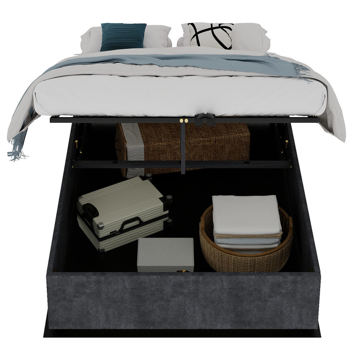 POLSTERBETT 160/200 cm grau aus Stoff und Metall mit Lattenrost - Grau, Textil (160/200cm) - OKWISH