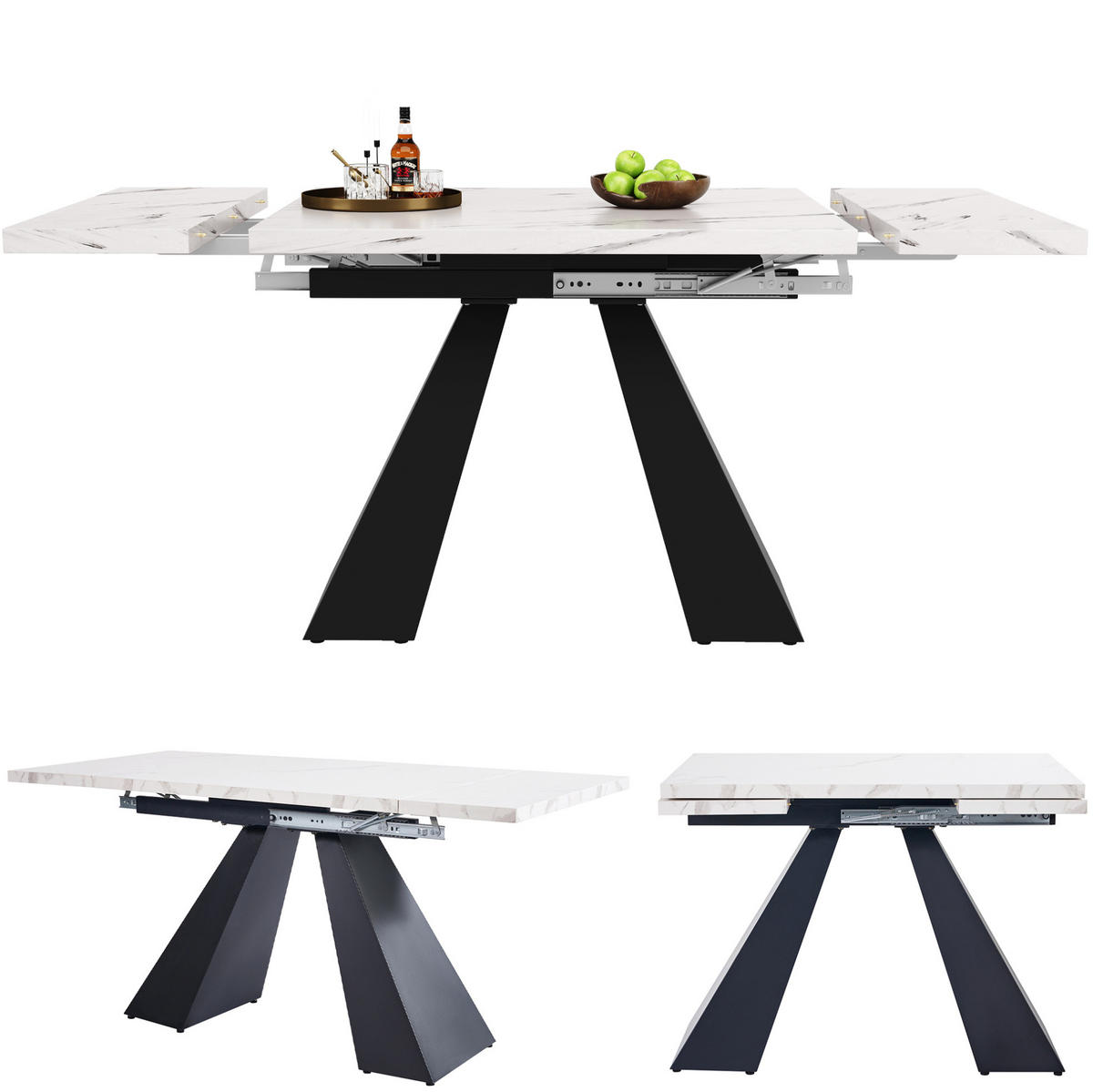 ESSTISCH 99-159x74x77 cm in Weiß und Schwarz aus MDF mit Marmoroptik auf stabilen Carbonstahl-Beinen ausziehbar - Weiß, Holzwerkstoff (74/159/77cm) - Modfu