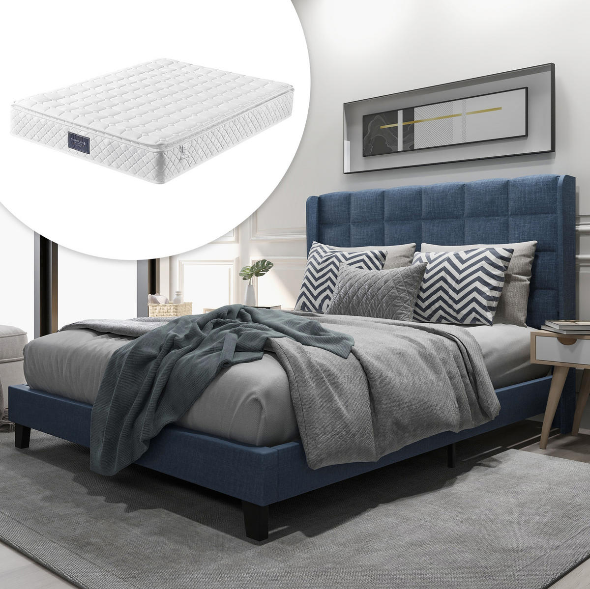 POLSTERBETT 140/200 cm Blau aus Leinen mit Matratze und Lattenrost - Blau, Textil (140/200cm) - OKMYHOME