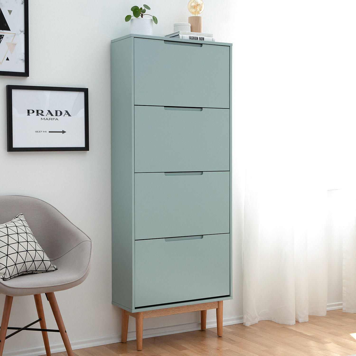 SCHUHKIPPER - Eichefarben/Mintgrün, Holzwerkstoff (63/162/24cm) - home24