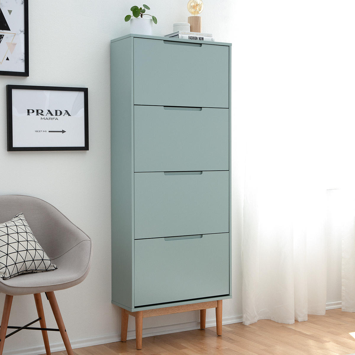 SCHUHKIPPER - Eichefarben/Mintgrün, Holzwerkstoff (63/162/24cm) - home24