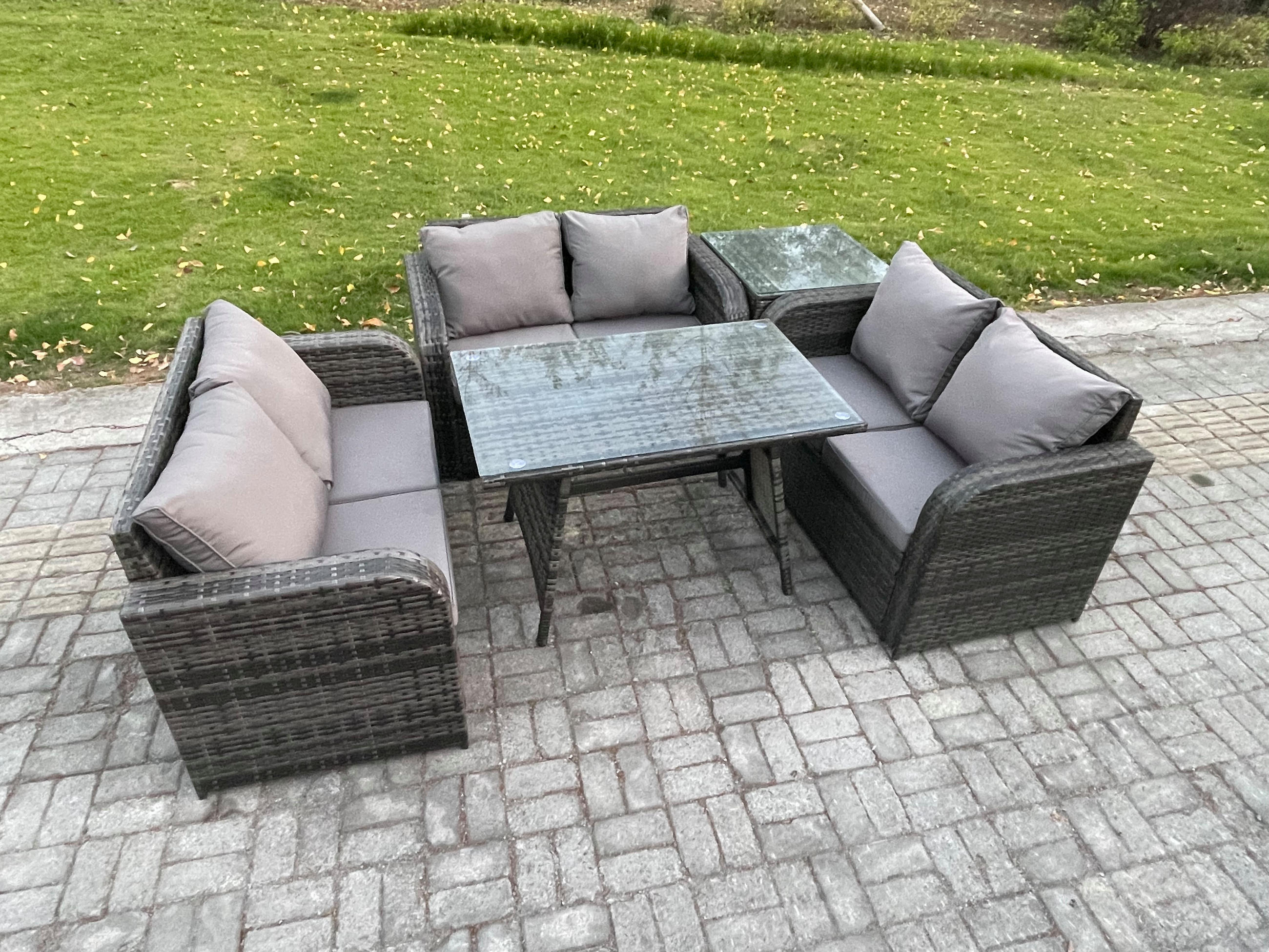 GARTENMÖBELSET mit ESSTISCH,SOFA Polyrattan 6-Sitzer - Dunkelgrau/Grau, Glas/Kunststoff - Fimous