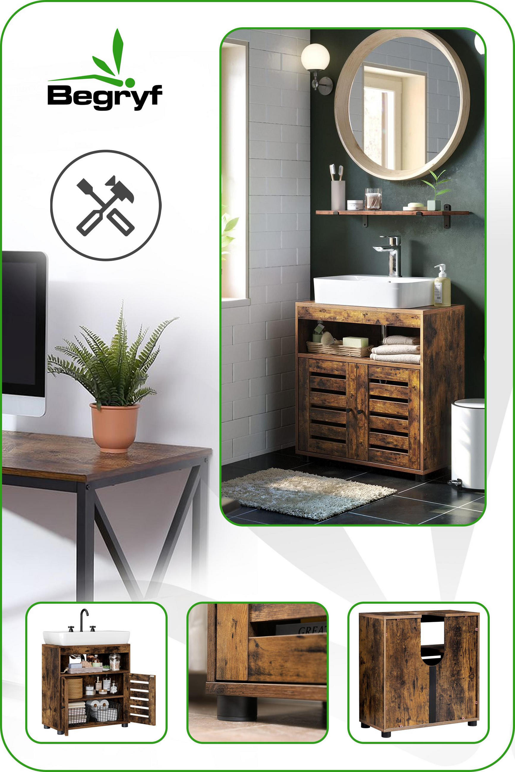 WASCHBECKENUNTERSCHRANK Holzoptik Metall Dunkelbraun Schwarz 60x30x63 cm - Dunkelbraun/Schwarz, Holzwerkstoff/Metall (60/63/30cm) - Begryf