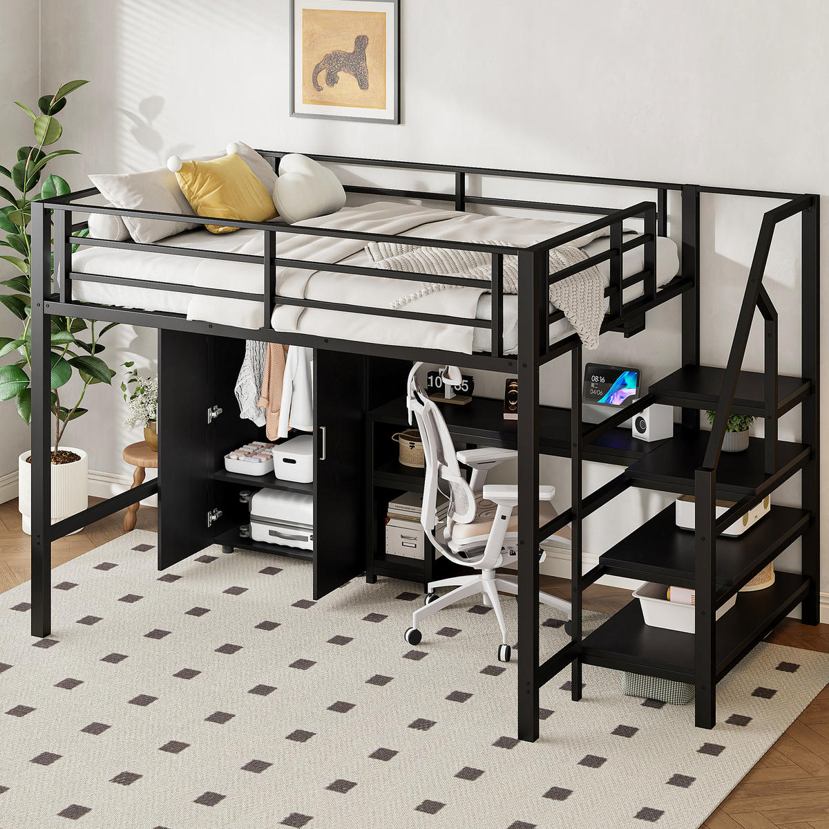 HOCHBETT 140/200 cm Schwarz aus Metall und MDF mit Schreibtisch - Schwarz, Metall (140/200cm) - OKMYHOME