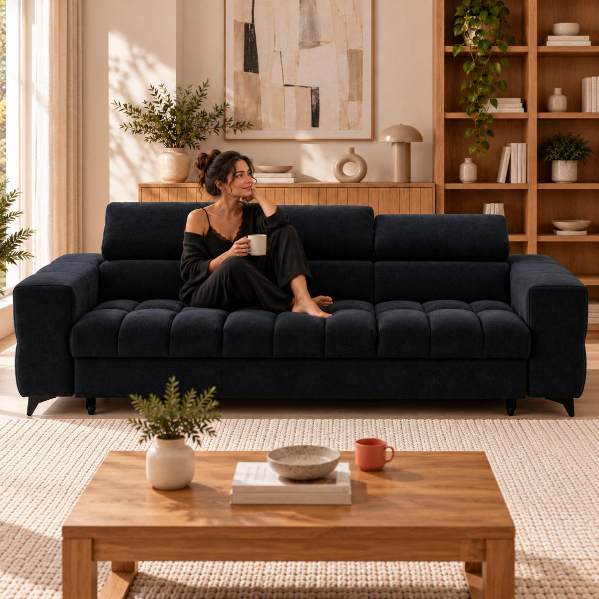 3-SITZER Sofa PUDDING mit Schlaffunktion 127x190 Velours Schwarz - Schwarz, Holz/Textil (260/90/100cm) - Muffo