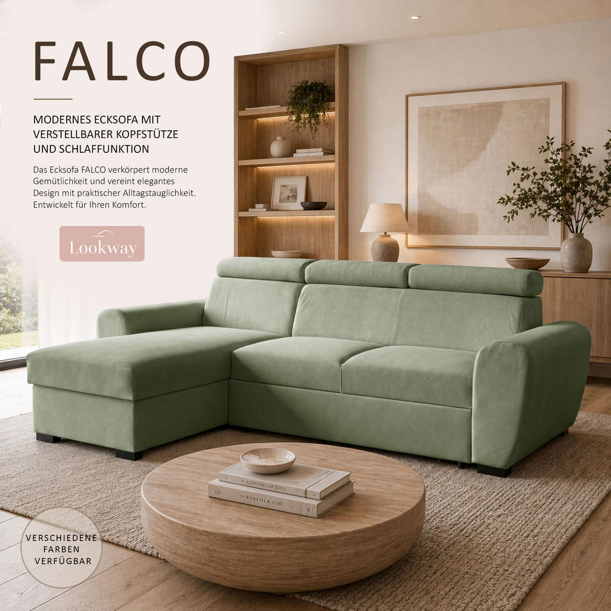 ECKSOFA FALCO mit Schlaffunktion Elli 36 - Grün, Textil (253/174cm) - Lookway