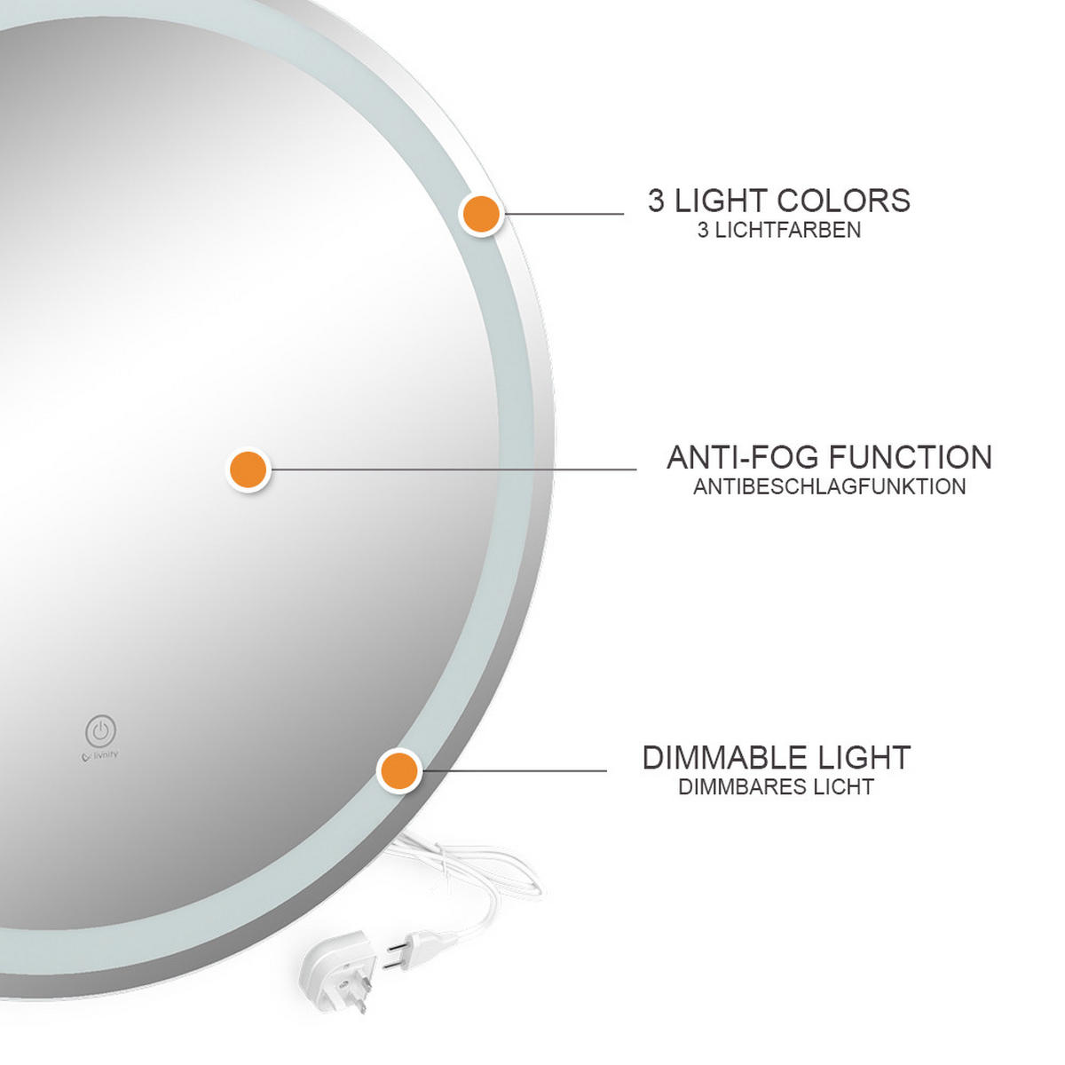 BADEZIMMERSPIEGEL Lumos Weiß 70 cm mit Touchschalter - Weiß, Glas (70/70/4cm) - Vicco