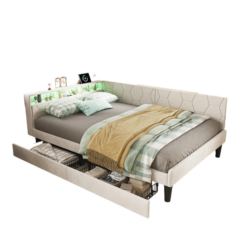 POLSTERBETT beige 140x200 velours schubladen - Beige, Metall - SHOPENTRA