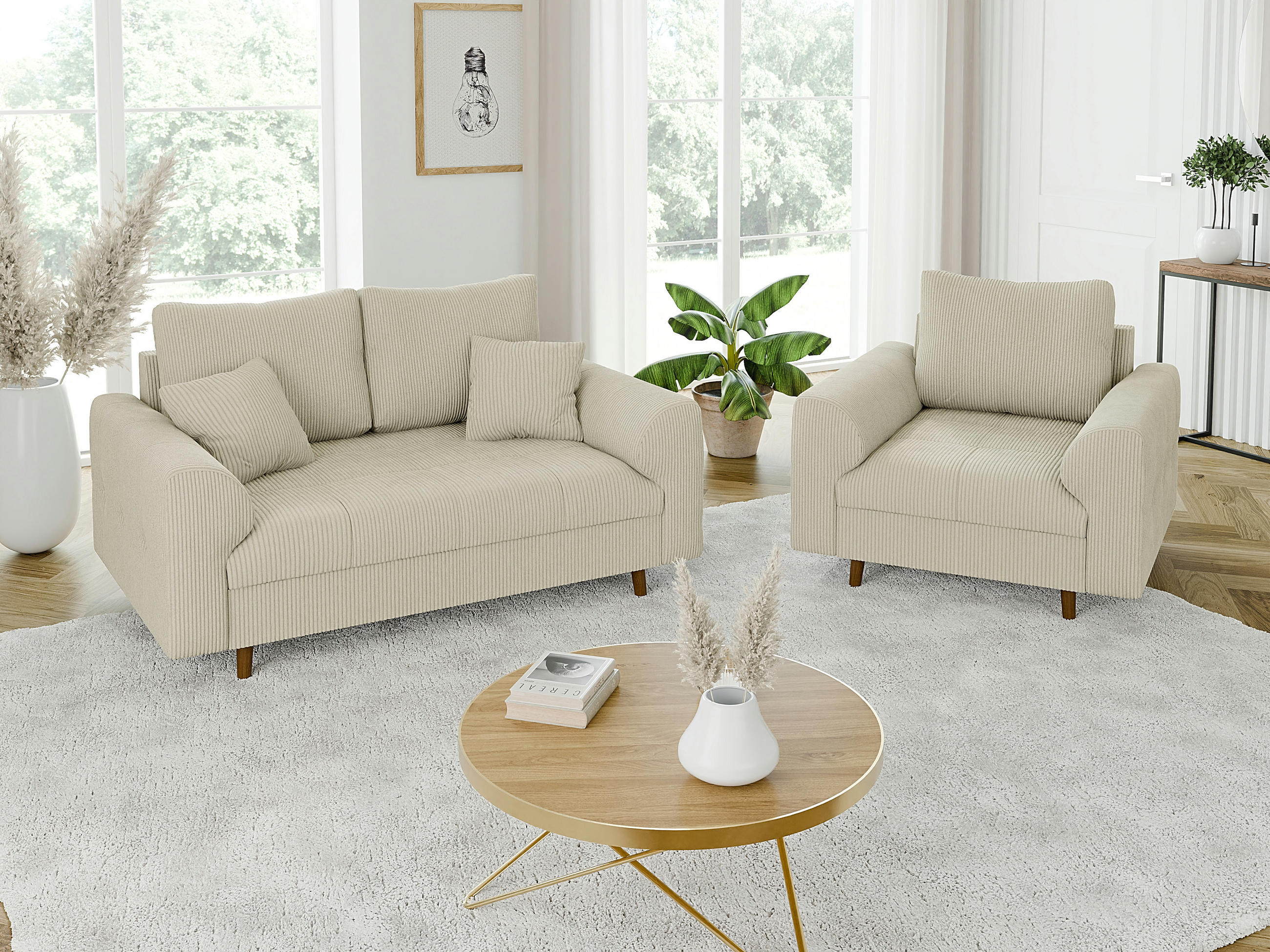 SITZGARNITUR 2+1 Alma Beige Cord - Beige/Braun, Holz/Textil (150/81/93cm) - S-Style Möbel